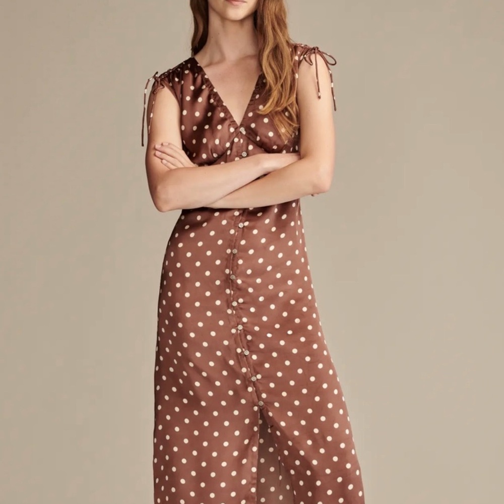 Lucky Brand Button Down Satin Dress with White Polka Dots Size L